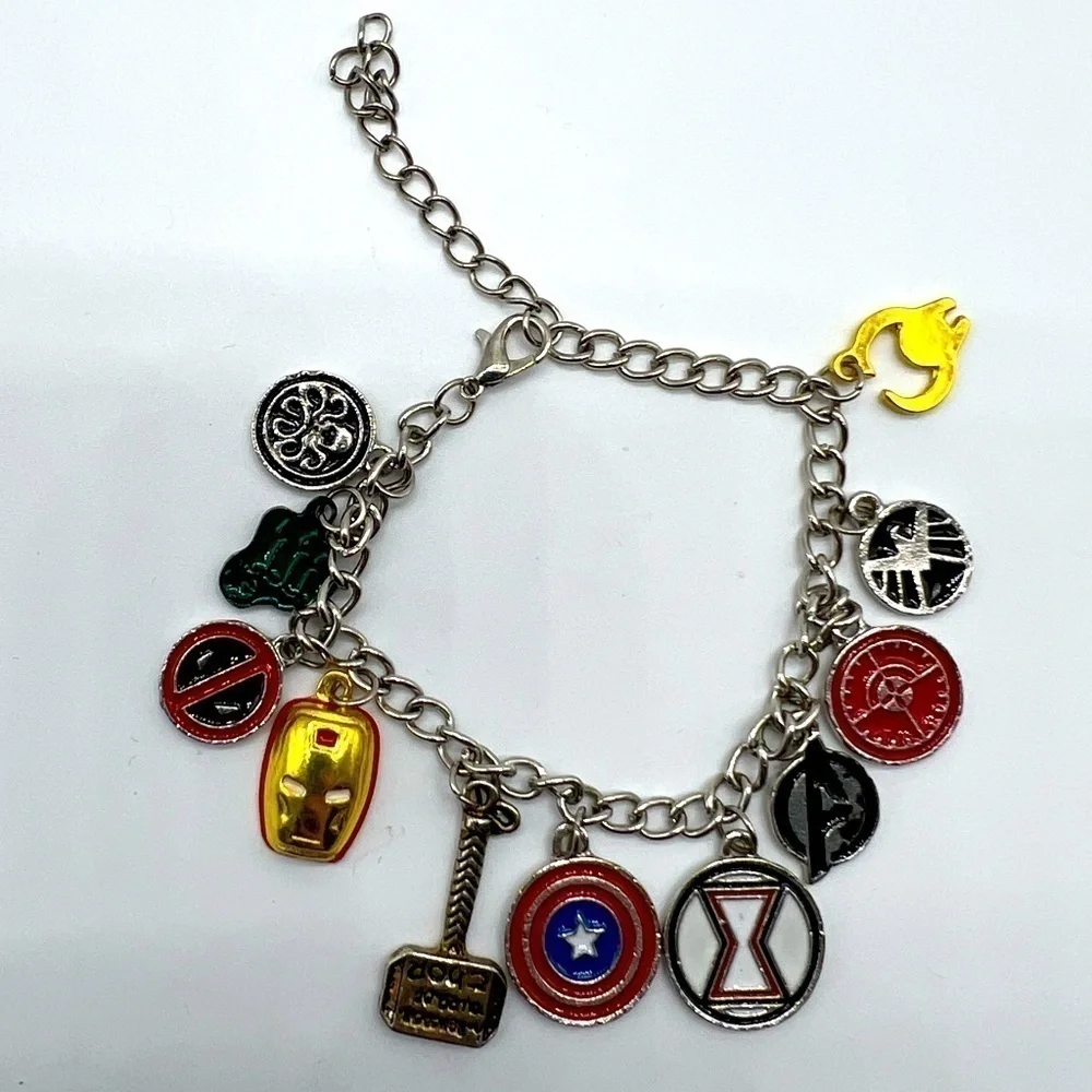 AVENGERS character charm bracelet featuring Thor’s hammer and other symbols